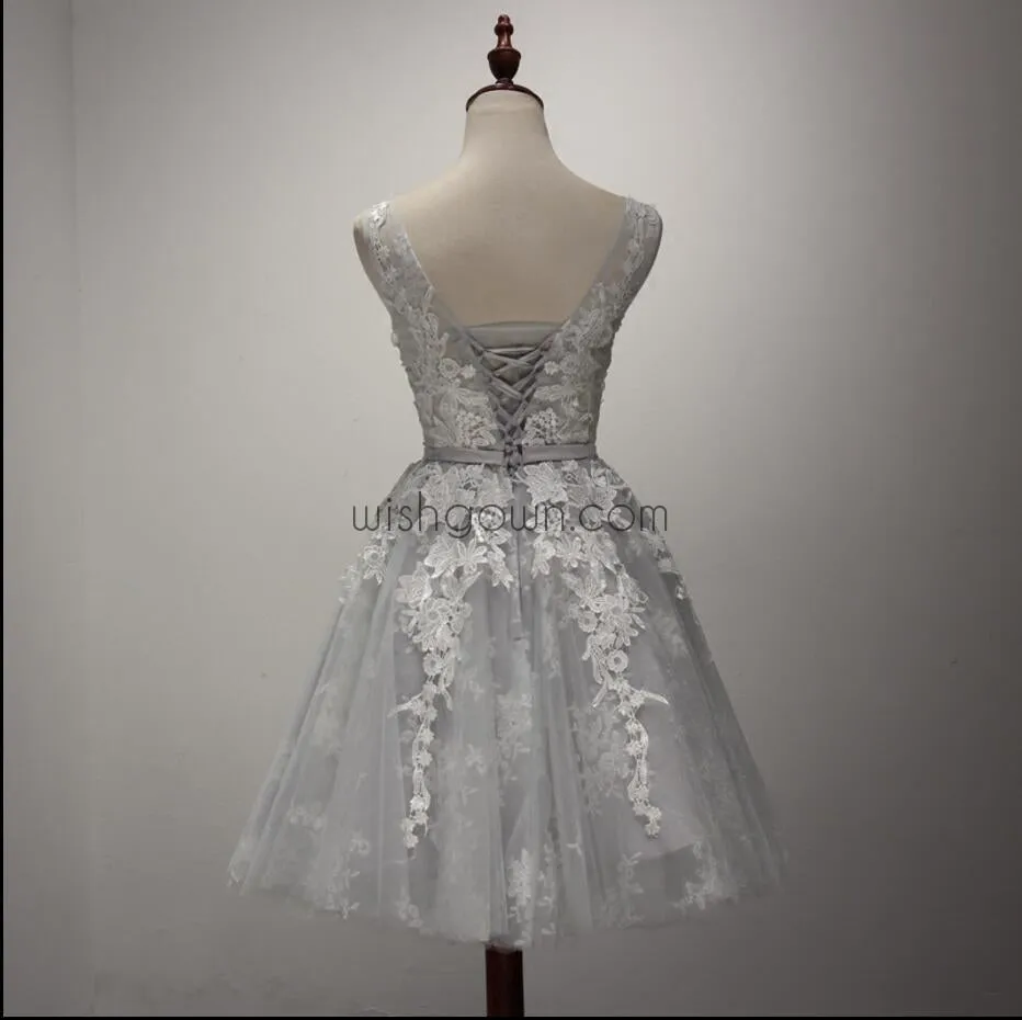 Cute Silver/Light Grey Unique Applique Pretty Short Homecoming Dresses, WG801