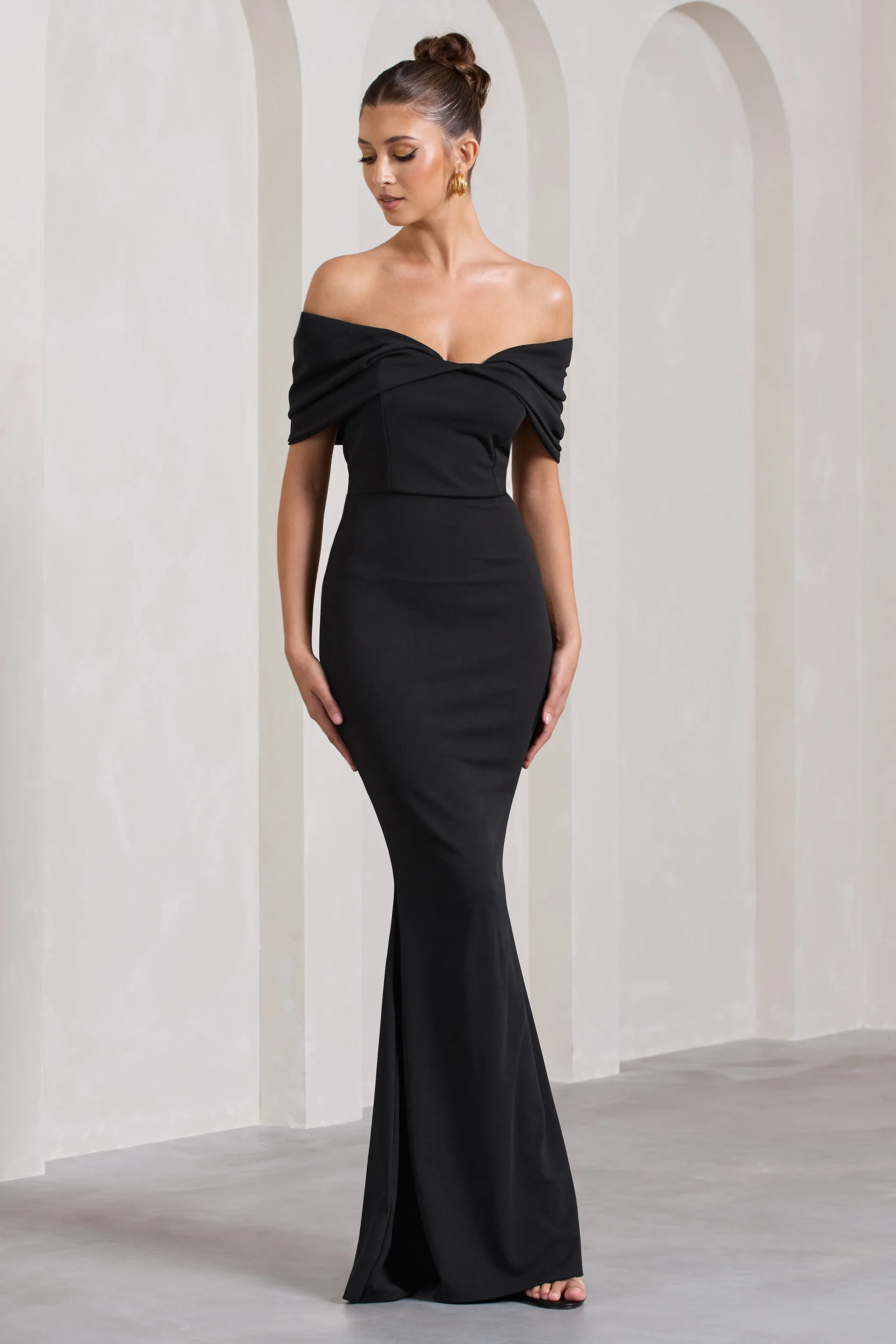 Dana | Black Bardot Maxi Dress With Short Gathered Sleeves