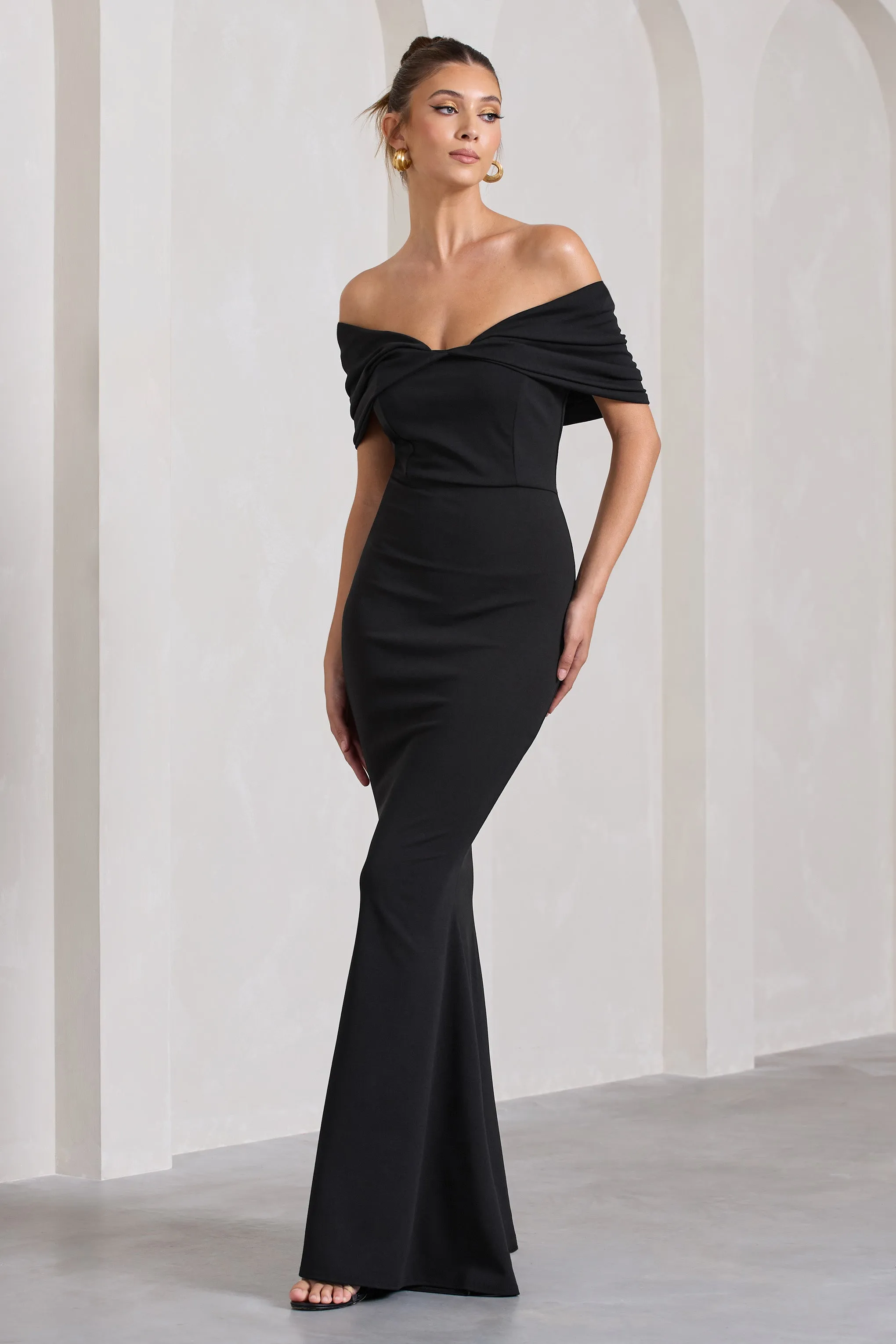 Dana | Black Bardot Maxi Dress With Short Gathered Sleeves