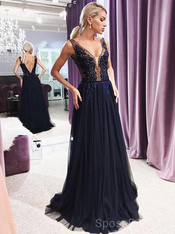 Dark Navy Blue V Neck See Through Long Evening Prom Dresses, Cheap Custom Sweet 16 Dresses, 18455