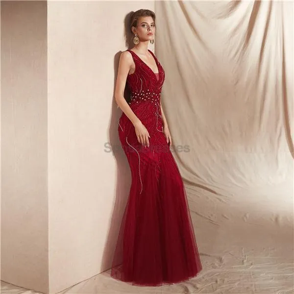 Dark Red V Neck Backless Beaded Mermaid Evening Prom Dresses, Evening Party Prom Dresses, 12065