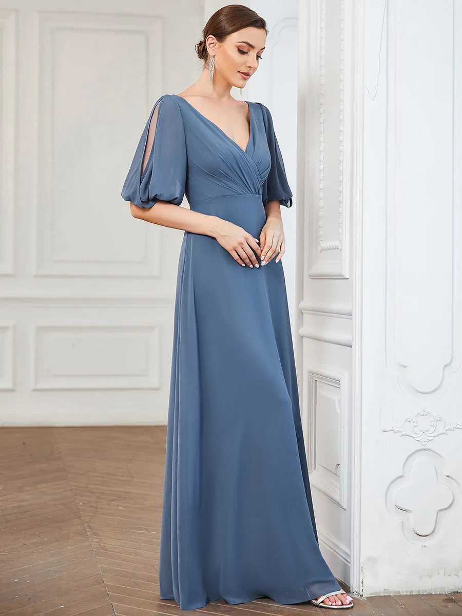 Deep V Neck Puff Sleeves Floor Length Wholesale Bridesmaid Dresses