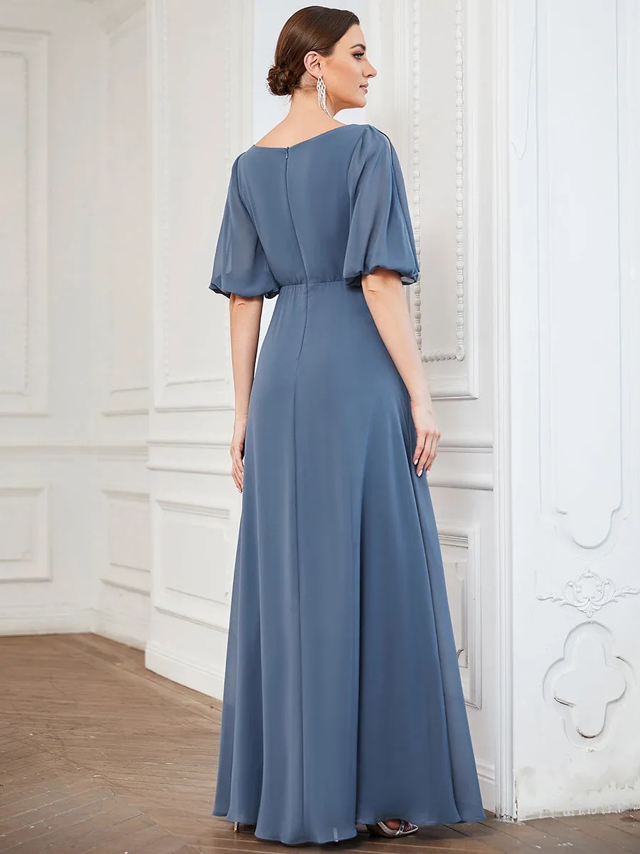 Deep V Neck Puff Sleeves Floor Length Wholesale Bridesmaid Dresses