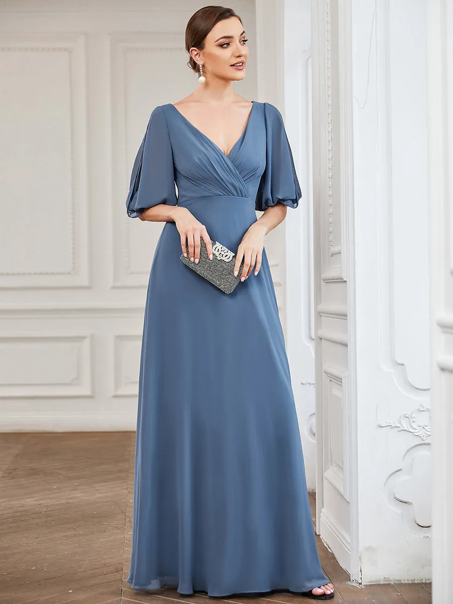 Deep V Neck Puff Sleeves Floor Length Wholesale Bridesmaid Dresses