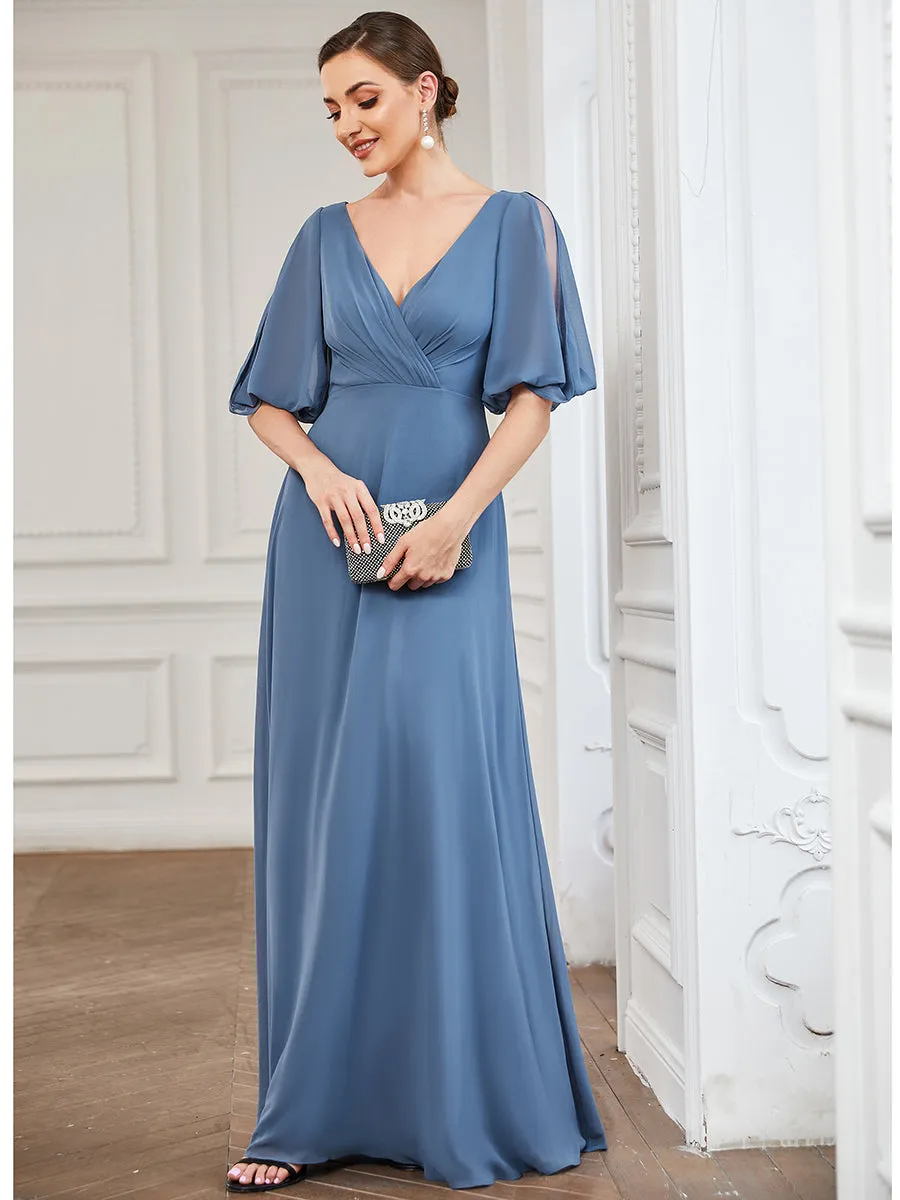 Deep V Neck Puff Sleeves Floor Length Wholesale Bridesmaid Dresses