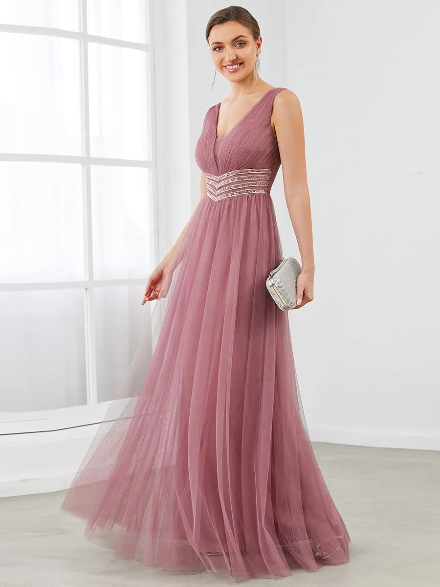 Deep V Neck Sleeveless A Line Floor Length Wholesale Evening Dresses