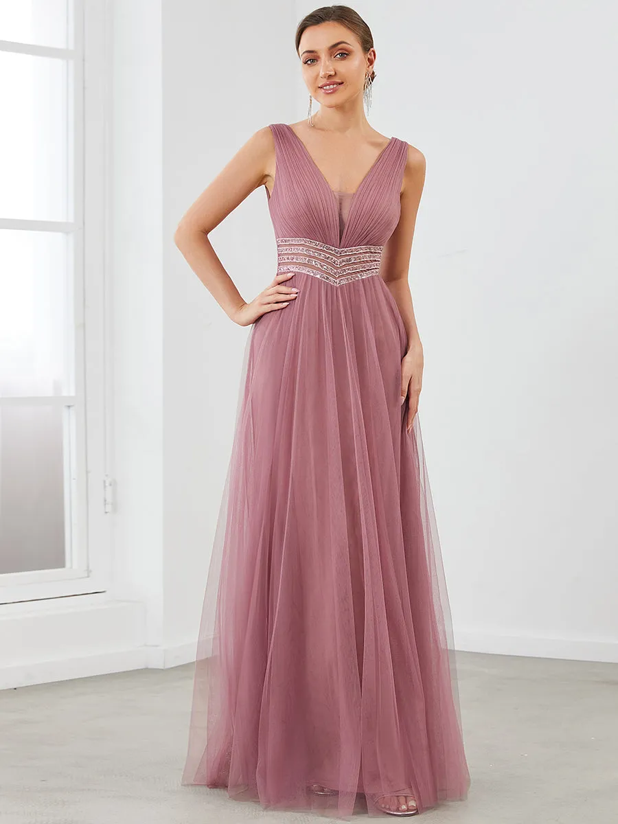 Deep V Neck Sleeveless A Line Floor Length Wholesale Evening Dresses