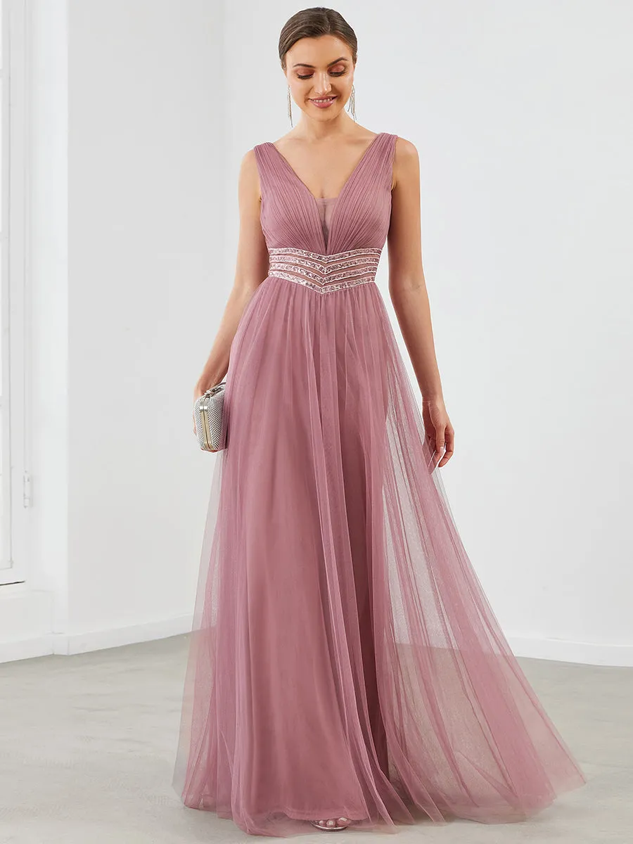 Deep V Neck Sleeveless A Line Floor Length Wholesale Evening Dresses