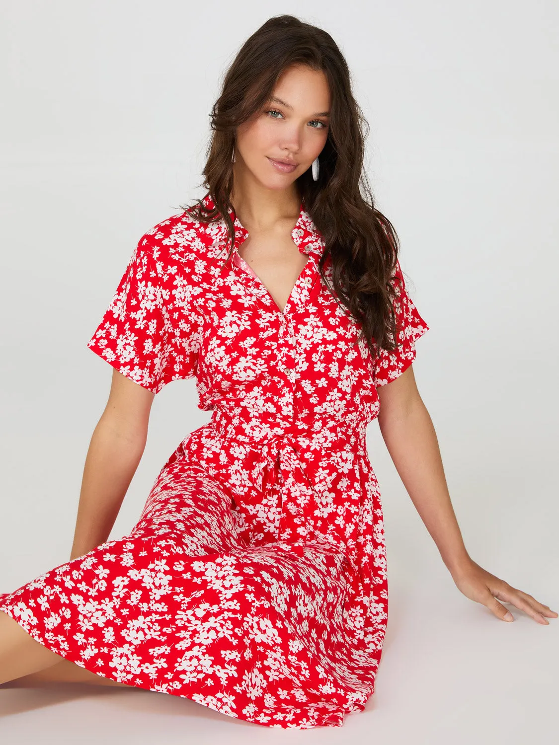 Ditsy Floral Print High-Low Maxi Shirt Dress