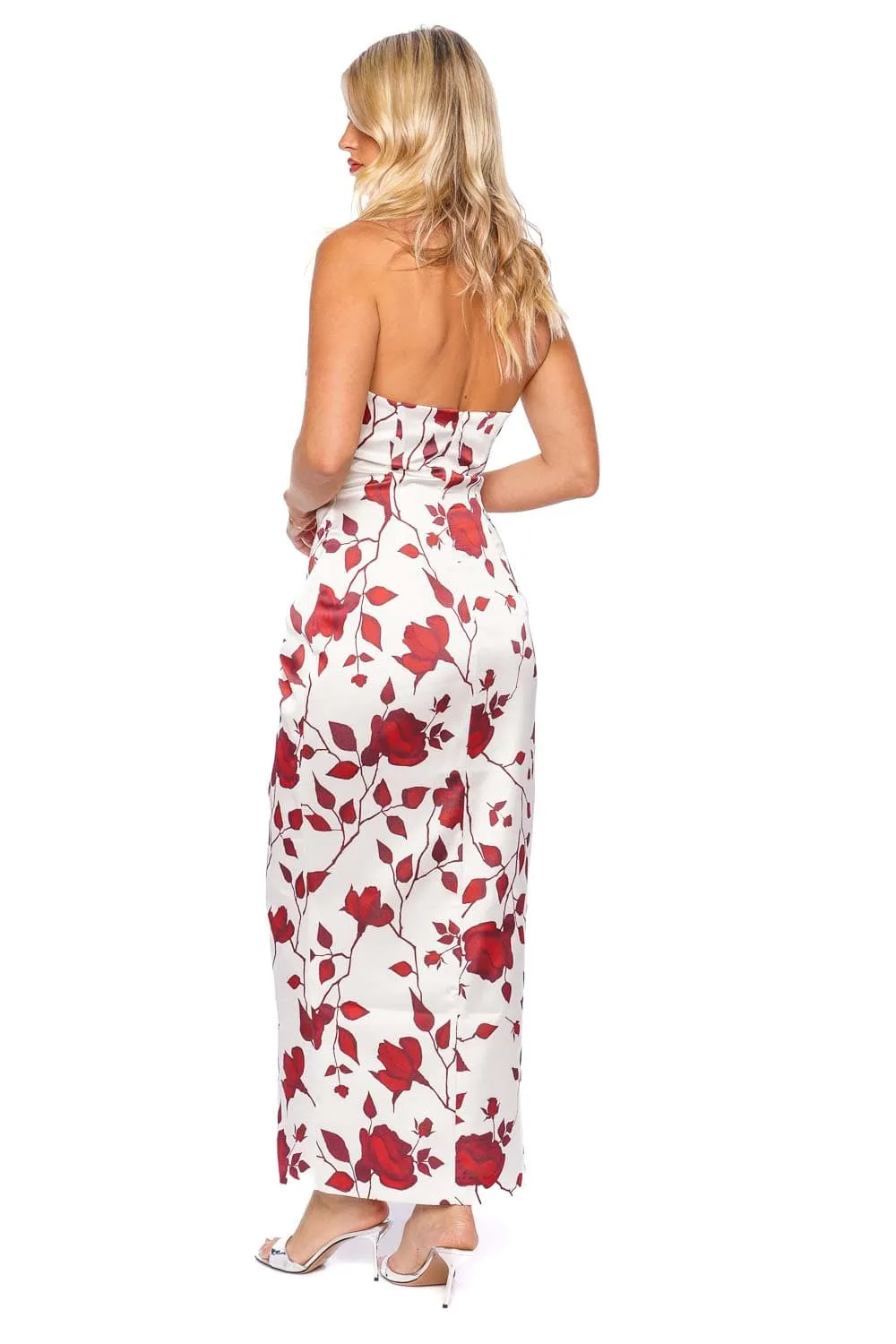 Draped Floral Halter Satin Midi Dress