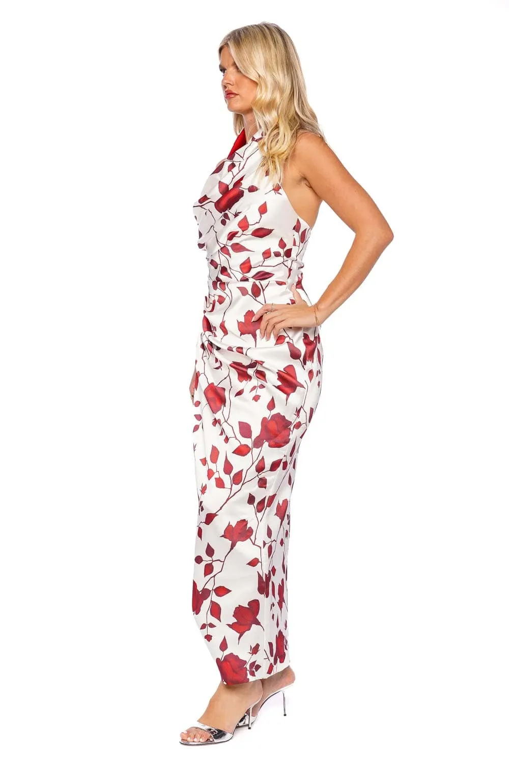 Draped Floral Halter Satin Midi Dress