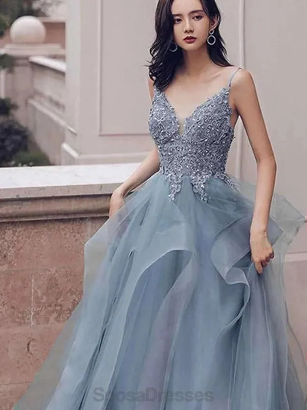 Dusty Blue V Neck Spaghetti Straps Lace Beaded Cheap Evening Prom Dresses, Evening Party Prom Dresses, 12170