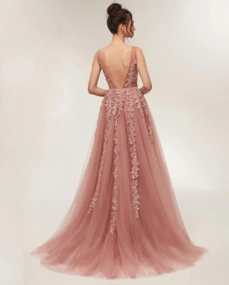 Dusty Pink V Neck Lace Beaded Long Evening Prom Dresses, Cheap Custom Sweet 16 Dresses, 18521