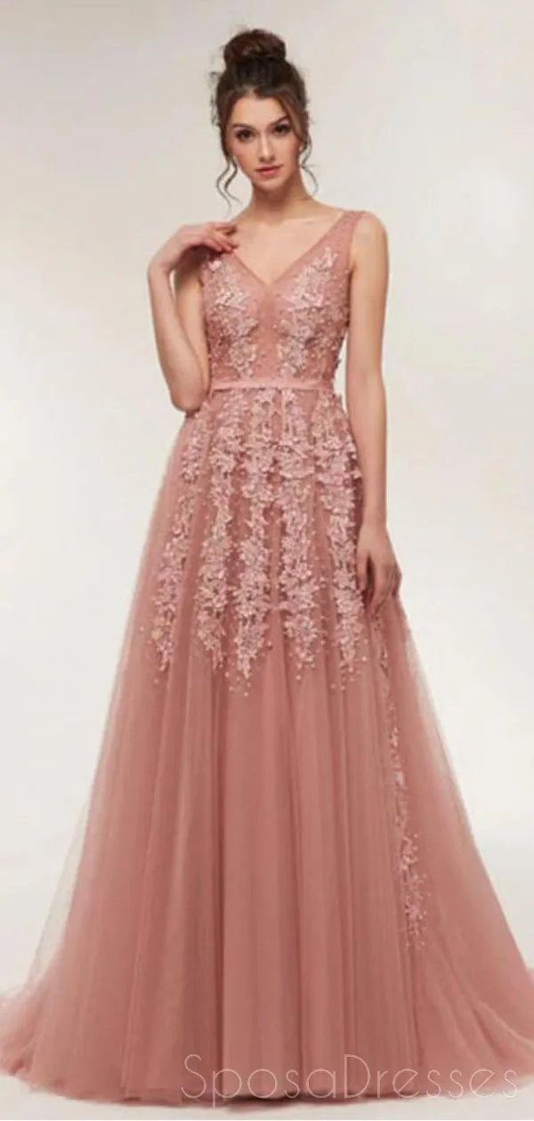 Dusty Pink V Neck Lace Beaded Long Evening Prom Dresses, Cheap Custom Sweet 16 Dresses, 18521