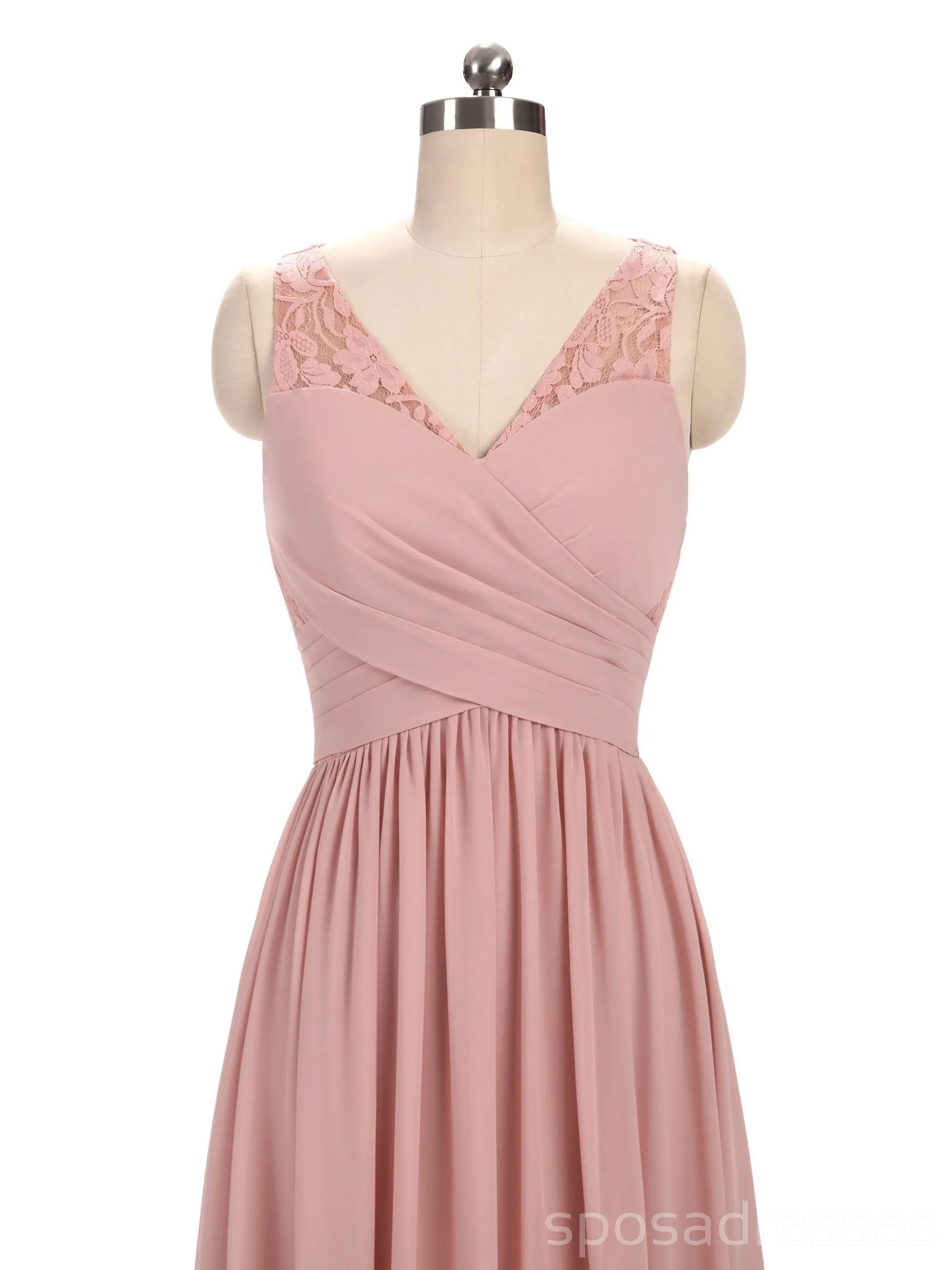 Dusty Pink V Neck Lace Straps Long Chiffon Cheap Bridesmaid Dresses Online, WG280