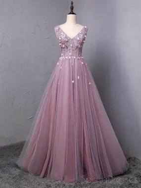 Dusty Purple V Neck A-line Tulle Long Evening Prom Dresses, 17615