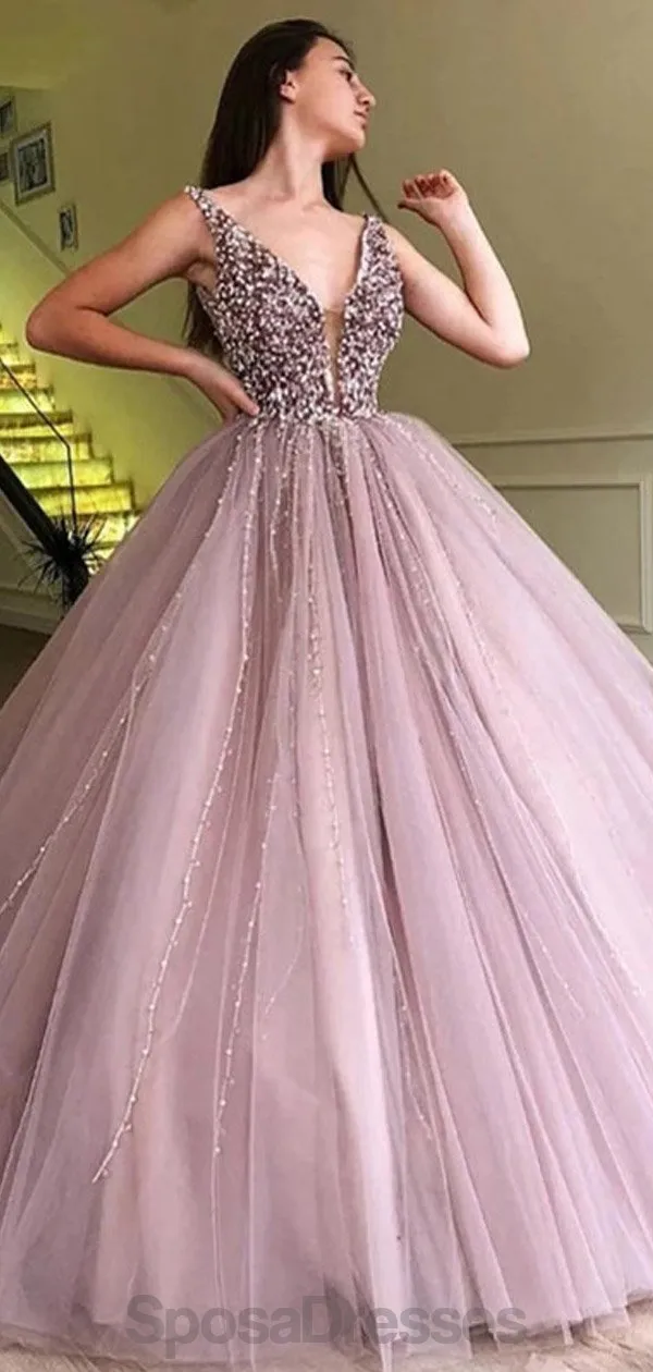 Dusty Purple V Neck Heavily Beaded Cheap Evening Prom Dresses, Evening Party Prom Dresses, 12172