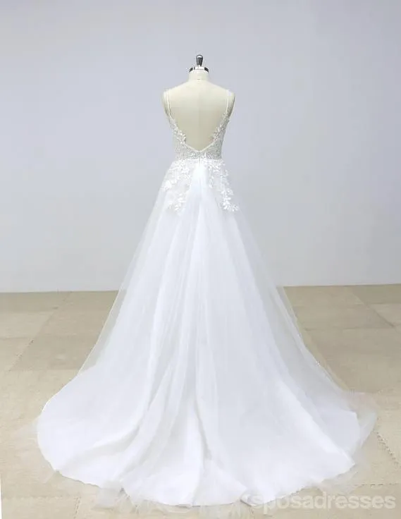 Elegant Backless Lace V Neck Tulle A-line Cheap Wedding Dresses Online, WD390