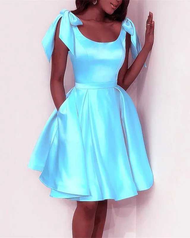 Elegant Bow Shoulders Ruffles Satin Homecoming Dresses