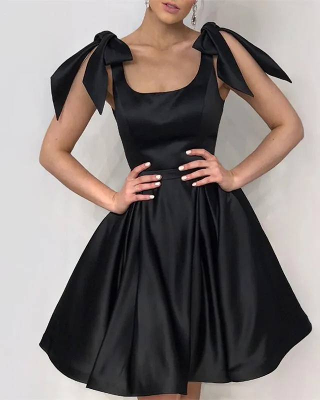 Elegant Bow Shoulders Ruffles Satin Homecoming Dresses