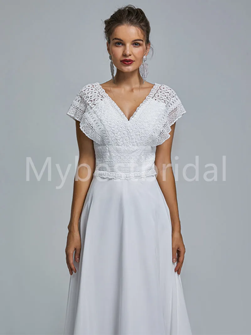 Elegant Cap sleeves V-neck A-line Lace applique Wedding Dresses, WDY0271