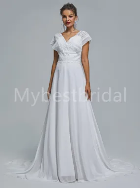 Elegant Cap sleeves V-neck A-line Lace applique Wedding Dresses, WDY0271