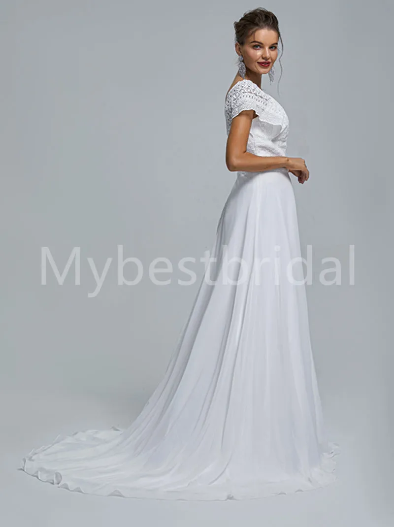 Elegant Cap sleeves V-neck A-line Lace applique Wedding Dresses, WDY0271