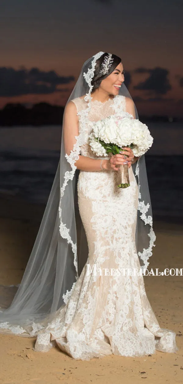 Elegant Jewel Mermaid Lace Long Wedding Dresses With Train, WDS0090