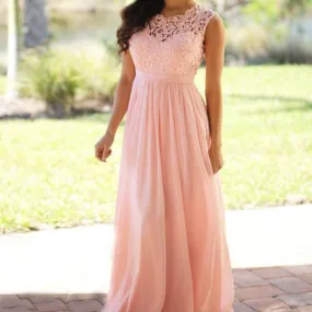 Elegant Lace Floor-Length Applique Blush Pink Long Formal Cheap Chiffon Bridesmaid Dresses, WGY0325