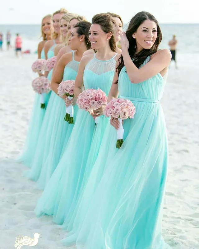 Elegant Long Tulle Halter Bridesmaid Dresses For Beach Wedding