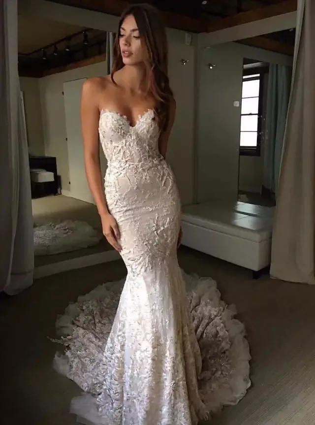 Elegant Mermaid Lace Sweetheart Inexpensive Long Wedding Bridal Dresses Gown, WG629