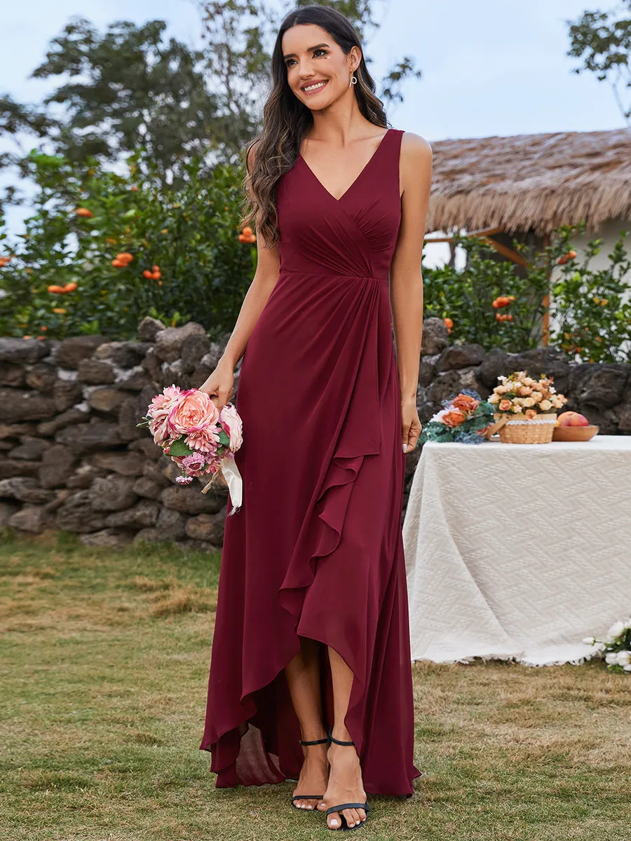 Elegant Midi Length Chiffon Bridesmaid Dresses with Asymmetrical Ruffles Hem