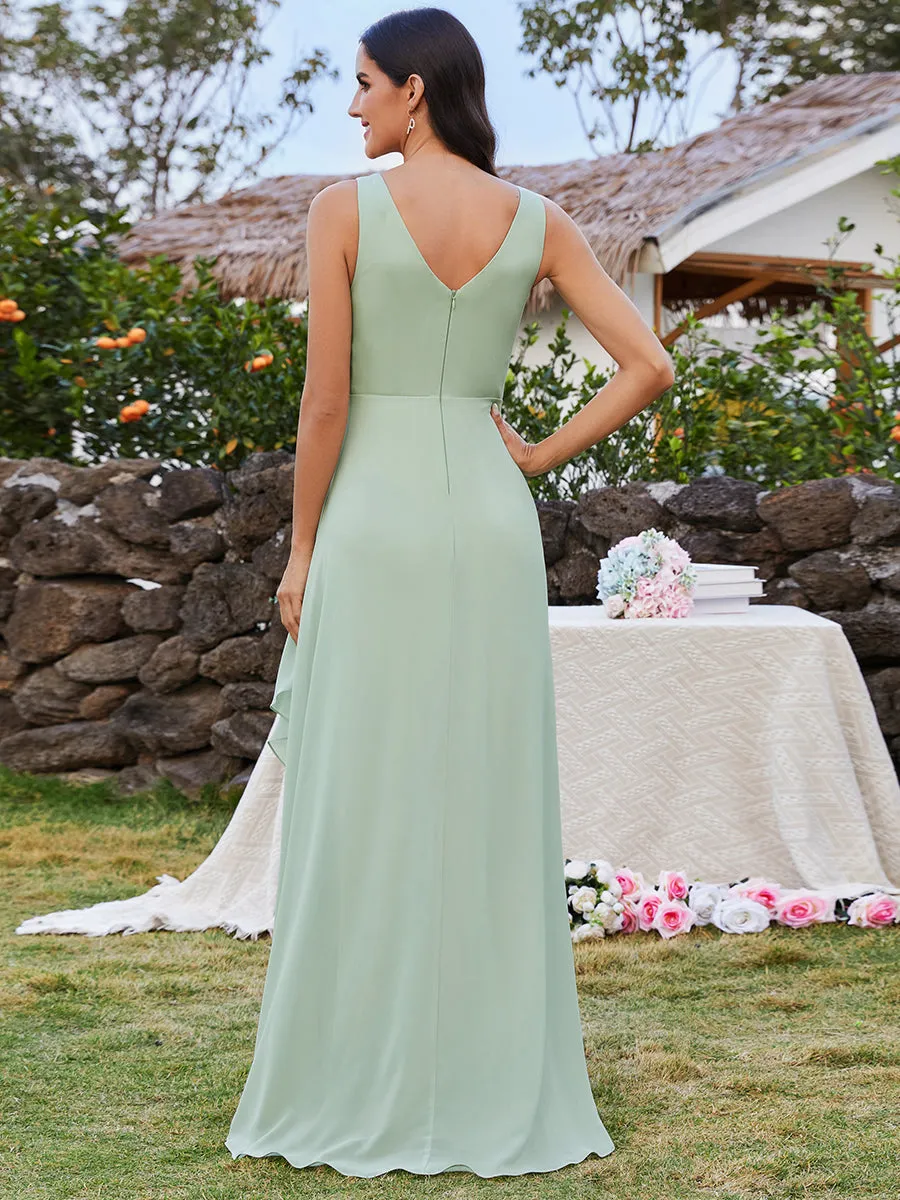 Elegant Midi Length Chiffon Bridesmaid Dresses with Asymmetrical Ruffles Hem