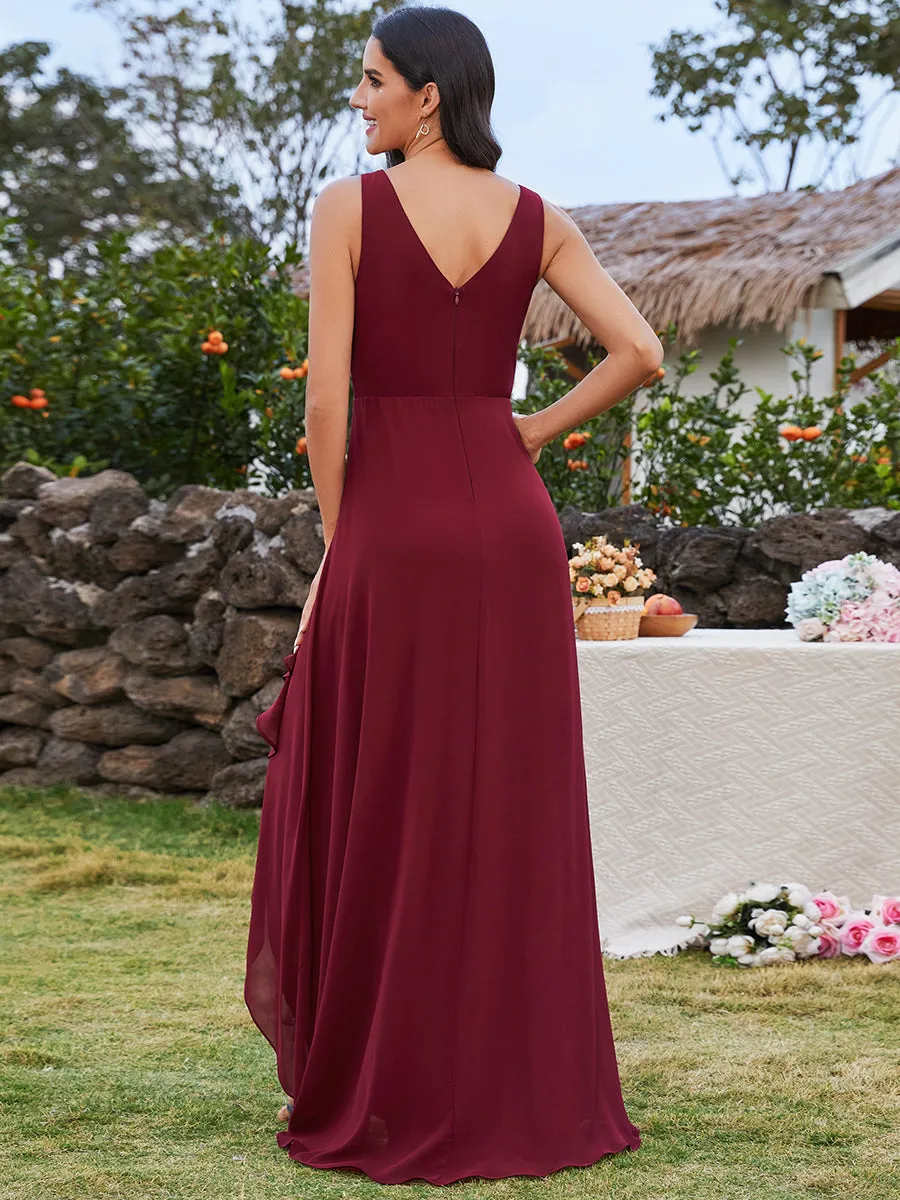 Elegant Midi Length Chiffon Bridesmaid Dresses with Asymmetrical Ruffles Hem