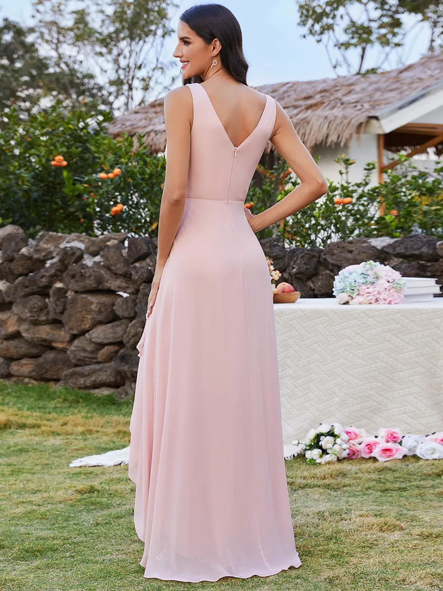 Elegant Midi Length Chiffon Bridesmaid Dresses with Asymmetrical Ruffles Hem