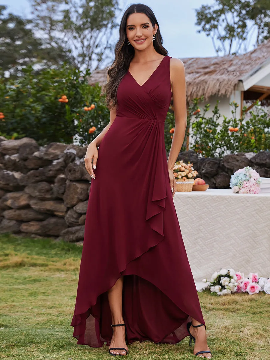 Elegant Midi Length Chiffon Bridesmaid Dresses with Asymmetrical Ruffles Hem