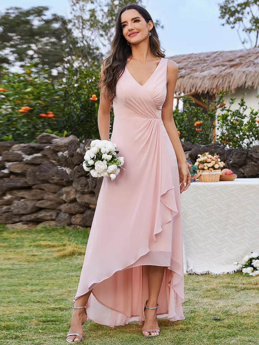 Elegant Midi Length Chiffon Bridesmaid Dresses with Asymmetrical Ruffles Hem