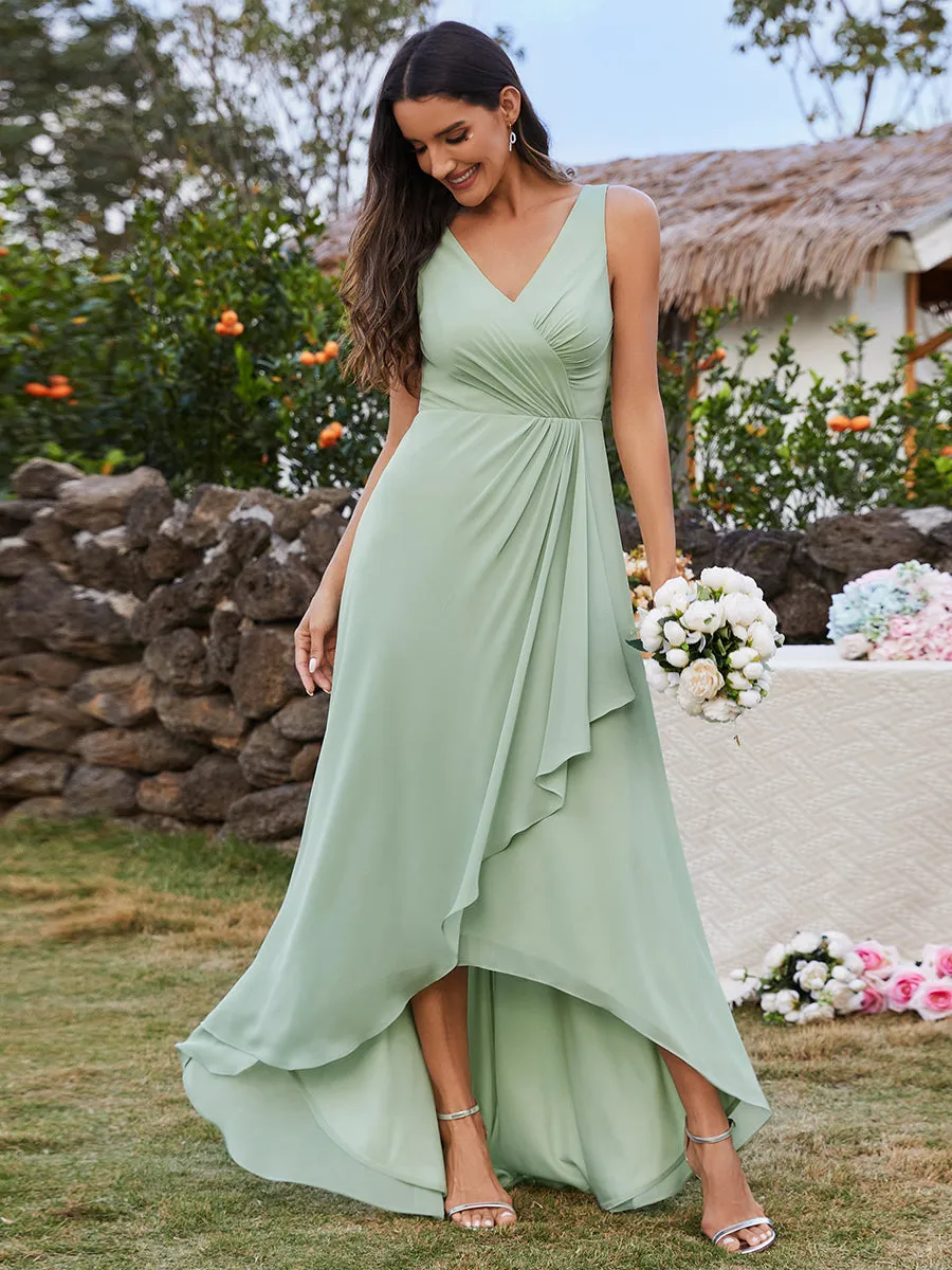 Elegant Midi Length Chiffon Bridesmaid Dresses with Asymmetrical Ruffles Hem