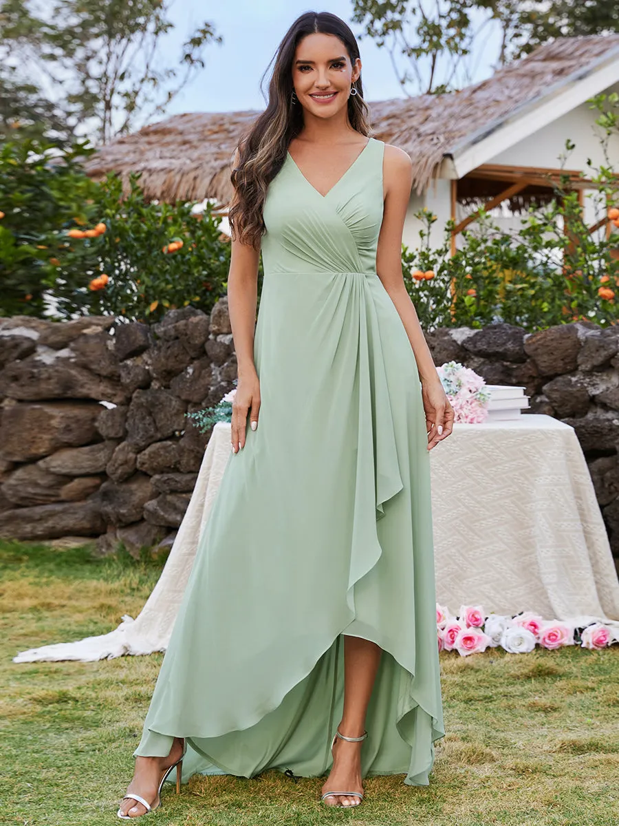 Elegant Midi Length Chiffon Bridesmaid Dresses with Asymmetrical Ruffles Hem