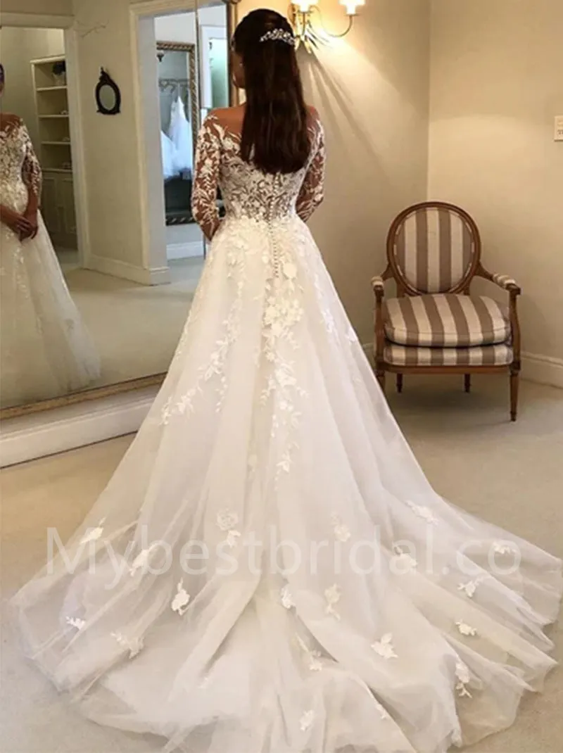 Elegant Off shoulder Long sleeves A-line lace applique Wedding Dresses, WDY0287