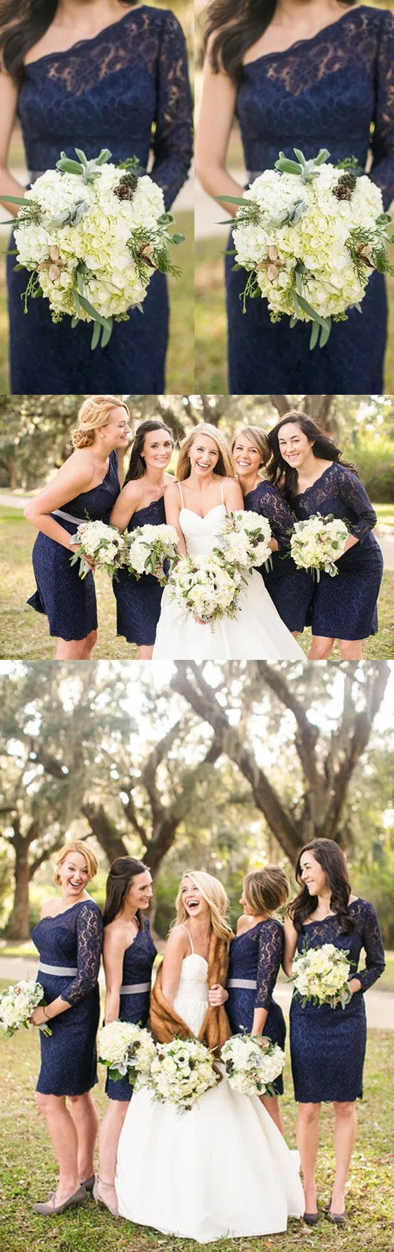 Elegant One Shoulder Long Sleeve Lace Navy Blue Knee Length Short Cheap Bridesmaid Dresses, WG128