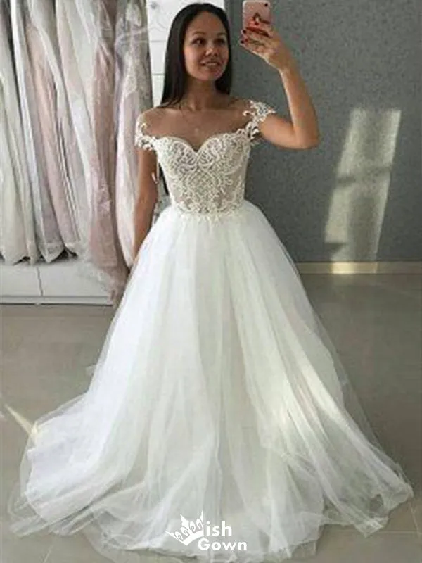 Elegant Sweetheart Cap Shoulder Applique Popular Bridal Long Wedding Dresses, WDH102