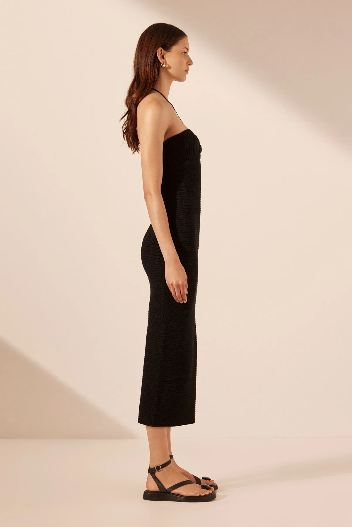 EVE TWIST FRONT HALTER MIDI DRESS - BLACK