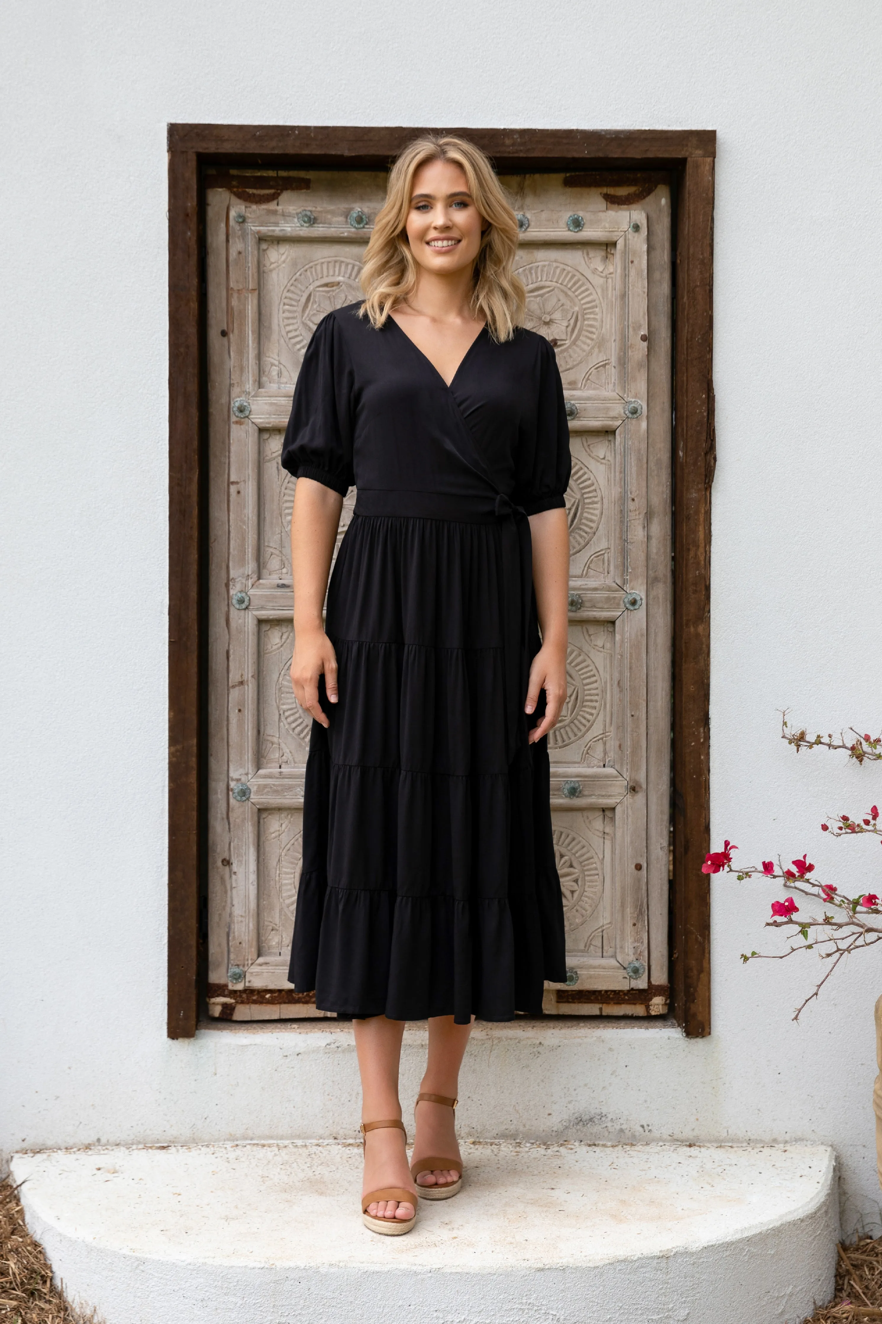 FINAL SALE Ruffle Wrap Dress in Black