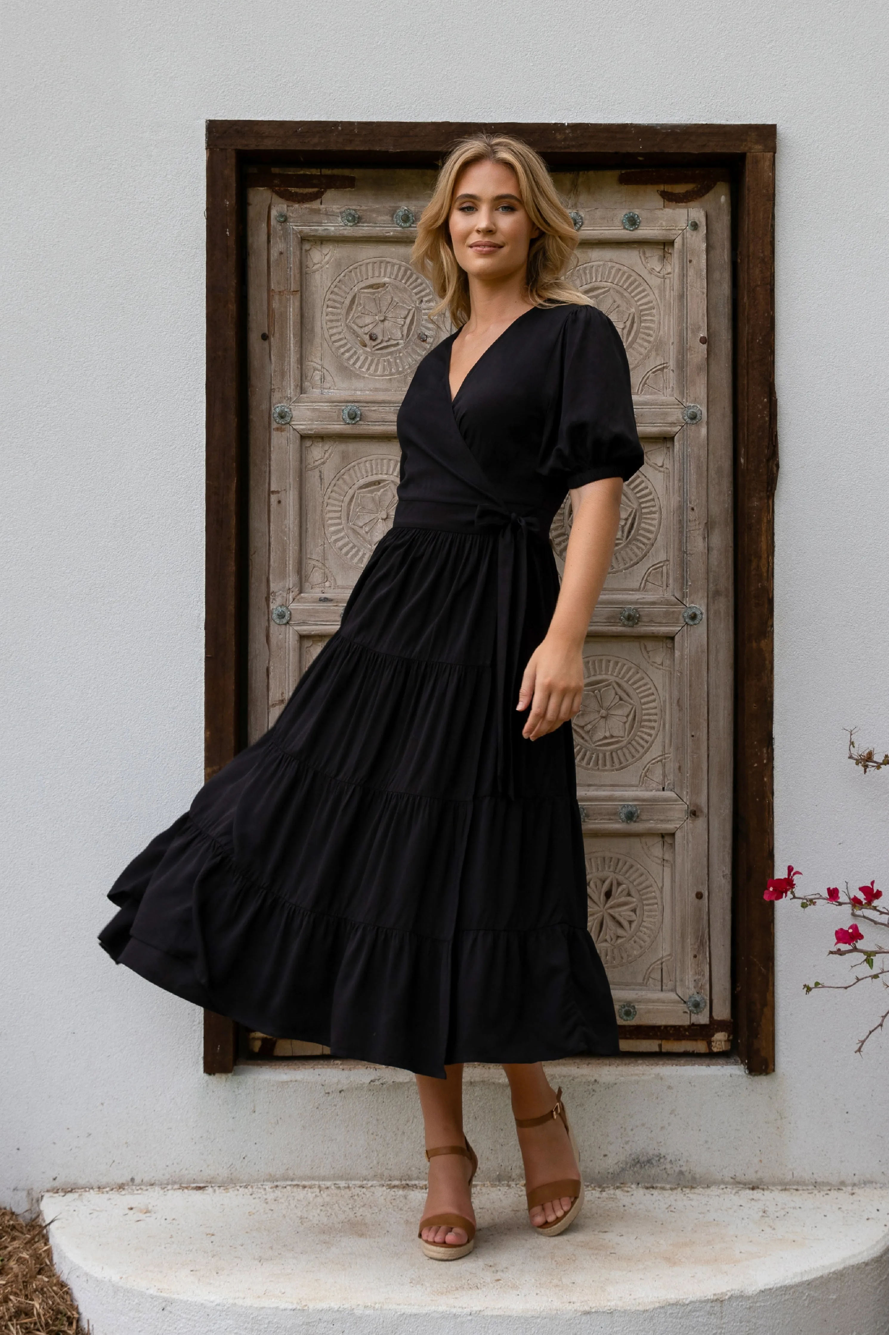 FINAL SALE Ruffle Wrap Dress in Black