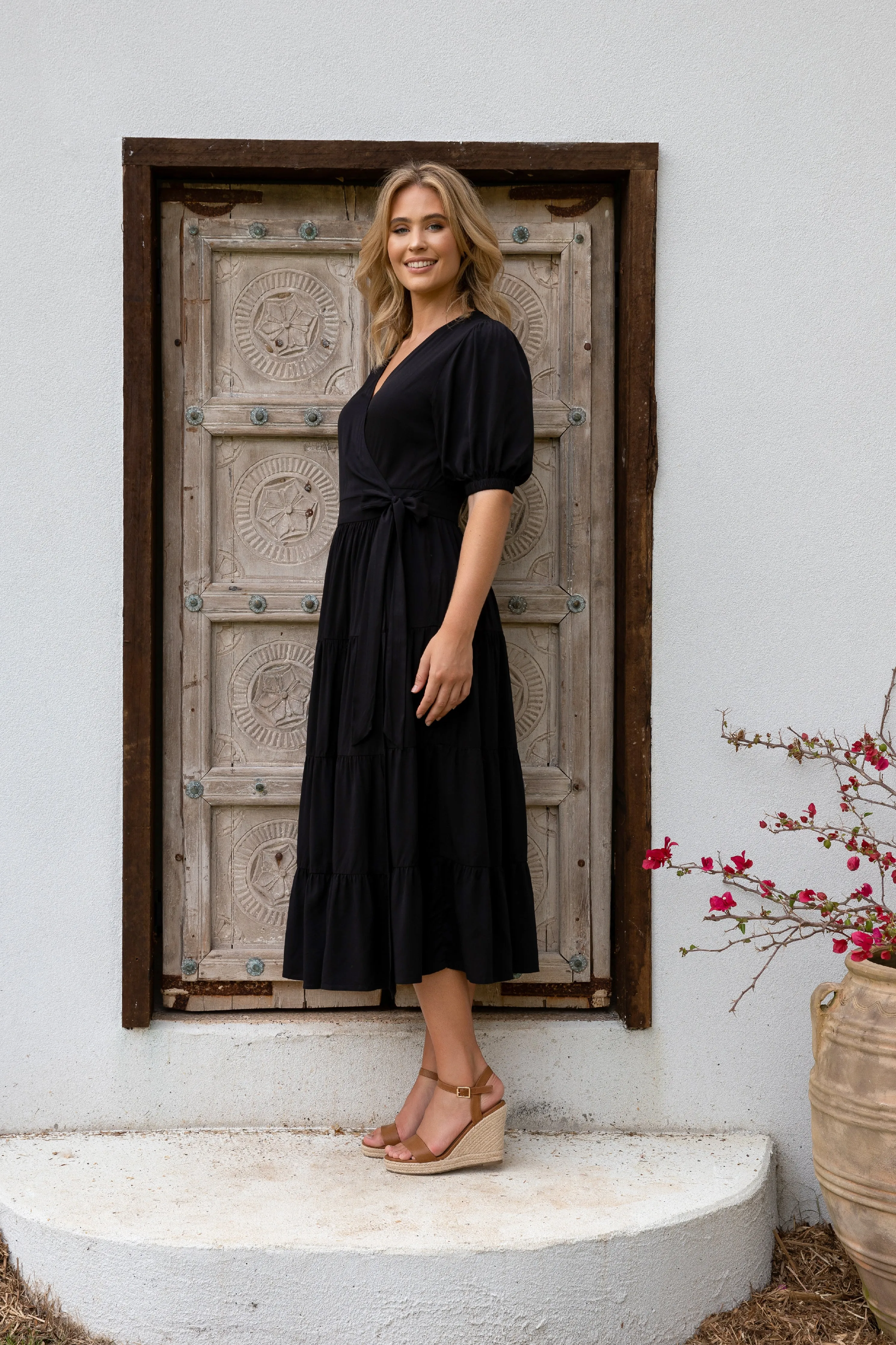 FINAL SALE Ruffle Wrap Dress in Black