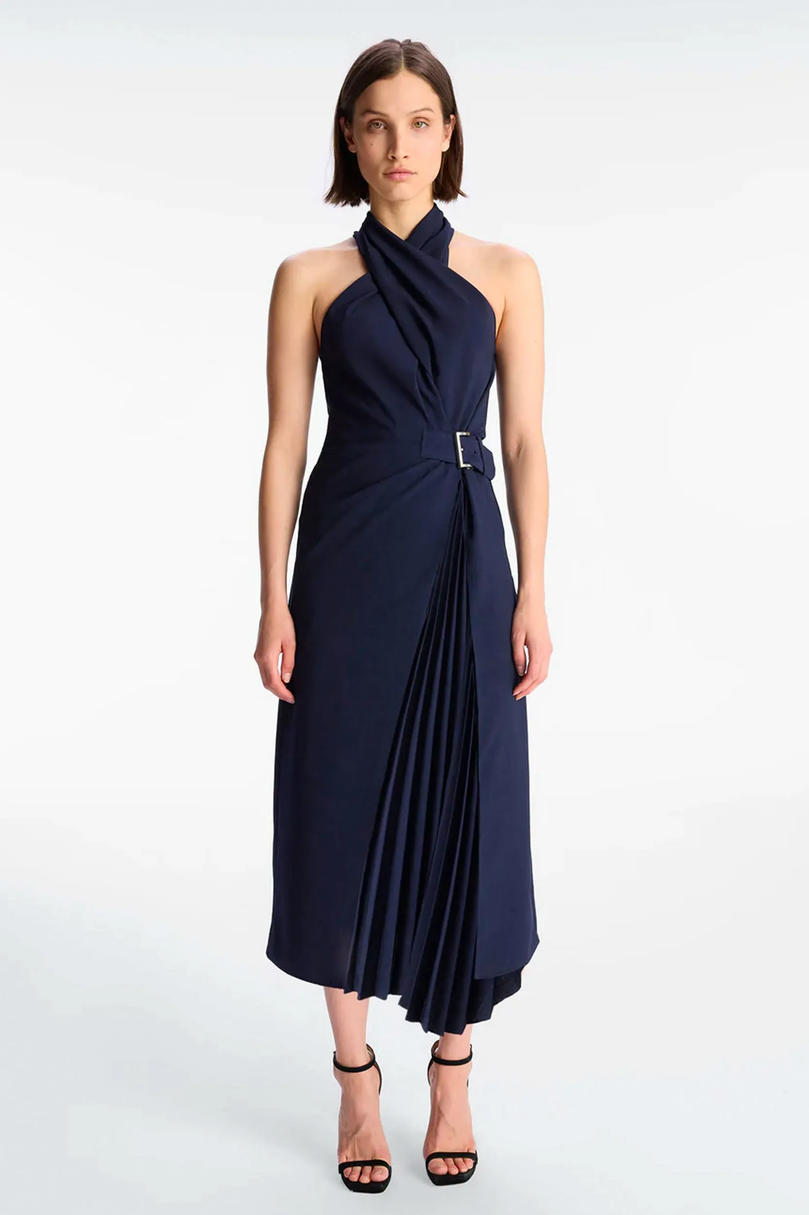 Fiona Pleated Midi Dress in Evening Blue