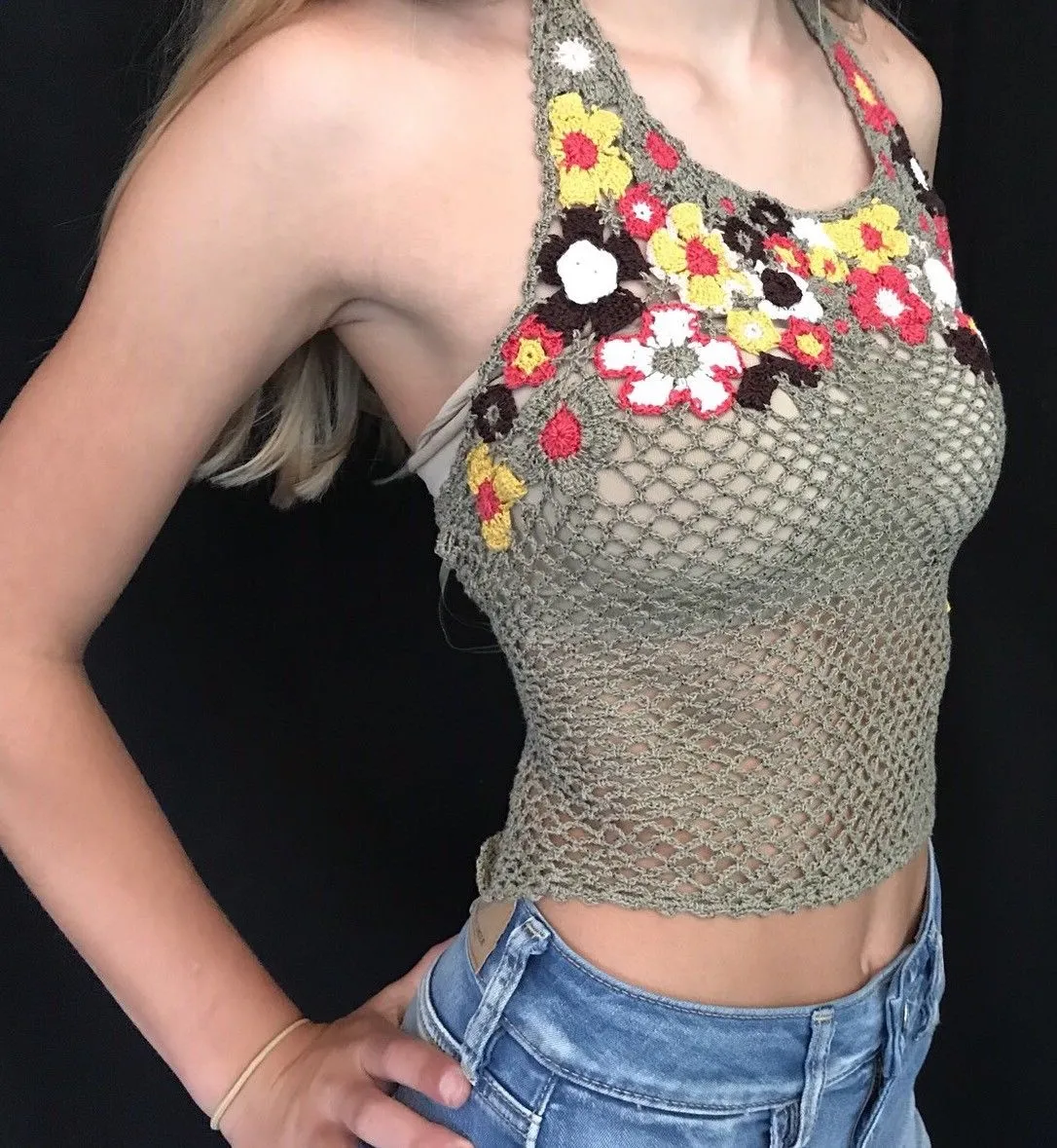 Fishnet Halter Top With Crochet Flowers By Guess Jeans Olive Army Green Pink White Yellow Brown Flower Child Front Great For Festivals! Small Medium Or Large