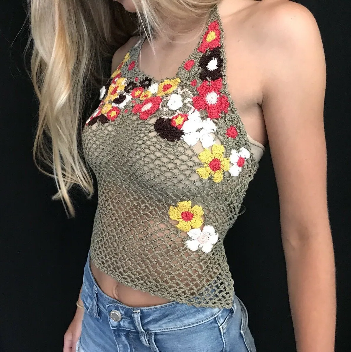 Fishnet Halter Top With Crochet Flowers By Guess Jeans Olive Army Green Pink White Yellow Brown Flower Child Front Great For Festivals! Small Medium Or Large