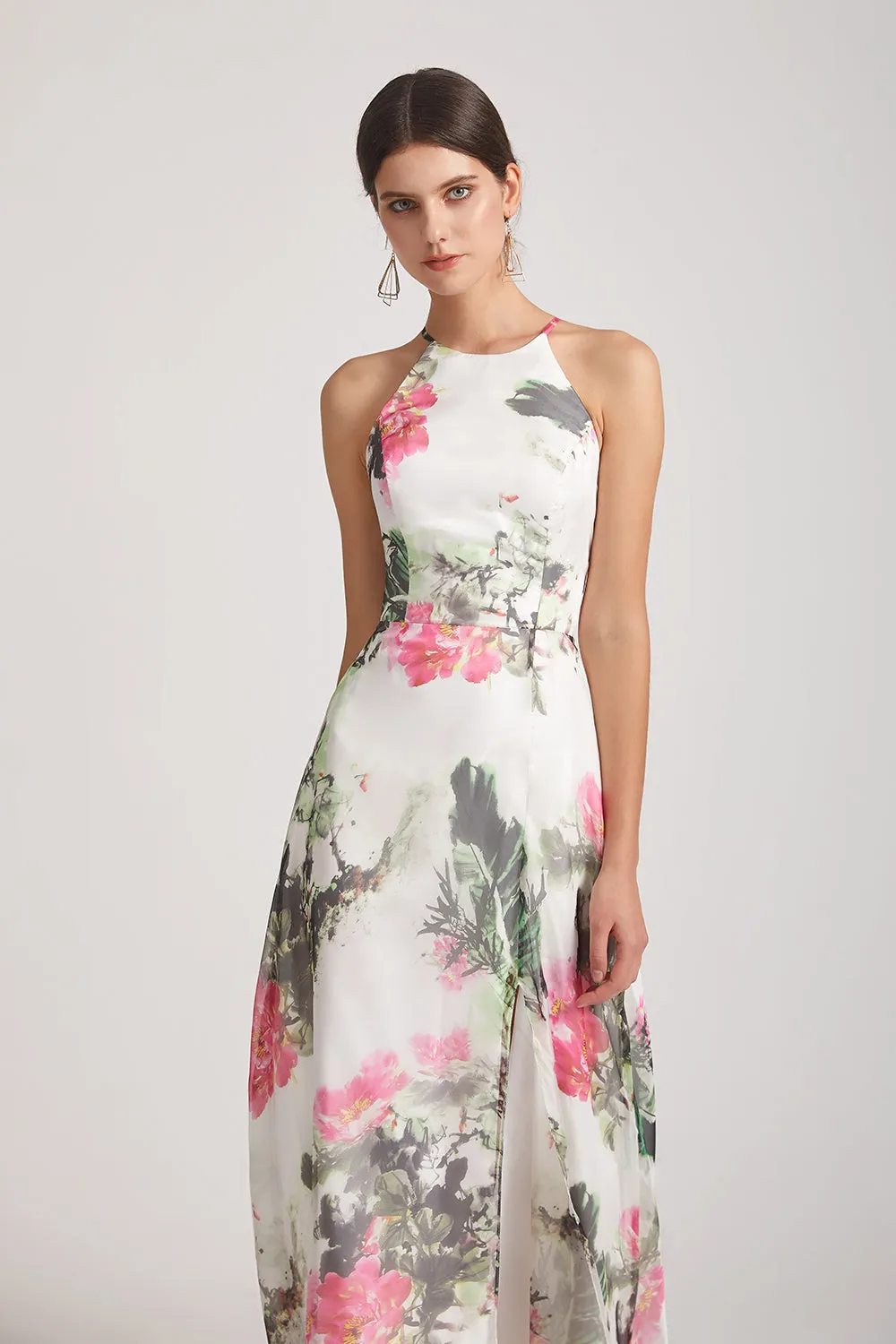 Floral Print Chiffon Halter Bridesmaid Dresses Ink Wash Painting (AF0130)